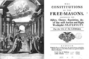 Frontispiece and title page of the 1723 Constitutions of the Ancient and Honourable Fraternity of Free and Accepted Masons Containing their History, Charges, Regulations, Etc. Collected and Digested by Order of the Grand Lodge from their old Records, faithful Traditions and Lodge-Books, for the Use of the Lodges, by James Anderson (1723)