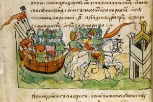 14-й лист Радзивилловской летописи (список конца XV века; фрагмент, описывающий поход Вещего Олега на Царьград).